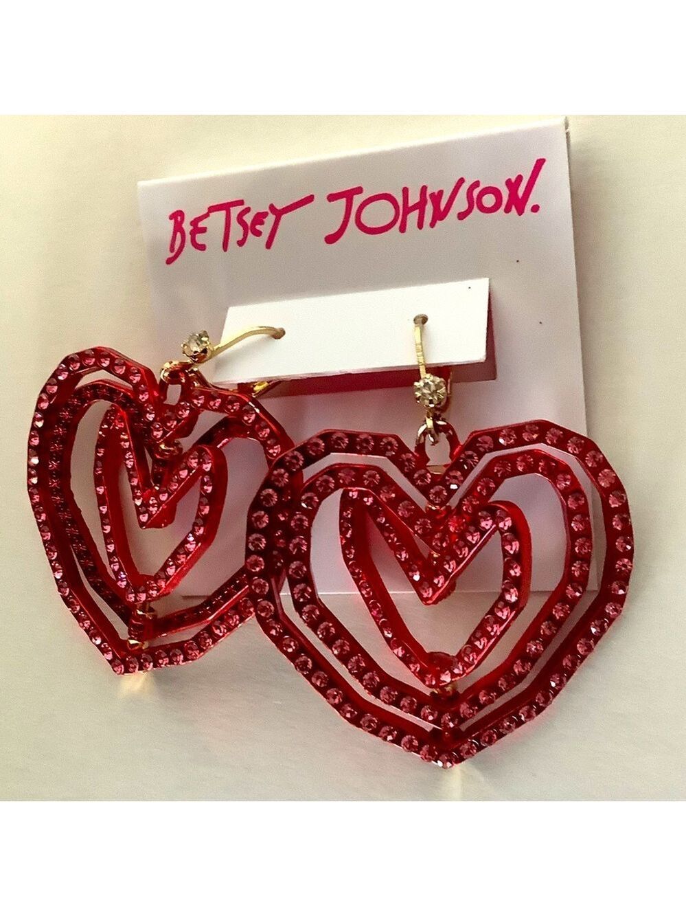 Betsey Johnson Look Into Your Heart Red Crystal Hook Earrings New